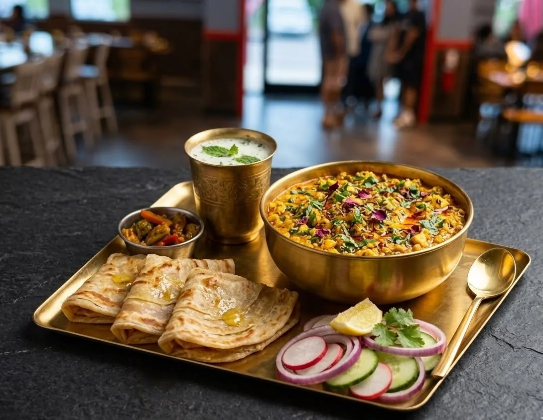 A gold thali at Indian Curry: chana masala in a brass bowl scattered with rose petals, lassi in an engraved brass tumbler, laccha paratha, a katori of vegetables and a salad of radish, onion and cucumber.